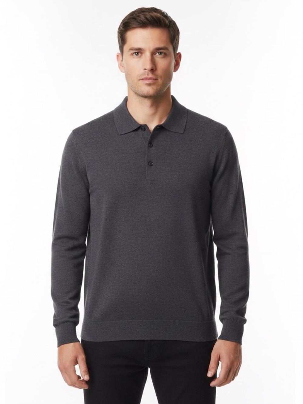 Italian Pal Zileri Dark Gray 100% Virgin Wool Long-Sleeve Polo